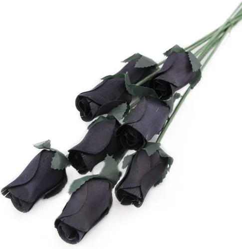 Vista 22 de 6 rosas de madera negras medio abiertas para manualidades, ramos personalizados y otros proyectos. 16 colores para elegir. Negro