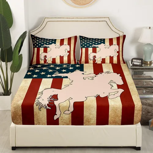 Vista 3 de Juego de ropa de cama de silueta de caballo vaquero, tamaño individual, sábana bajera ajustable de microfibra suave de microfibra suave con diseño