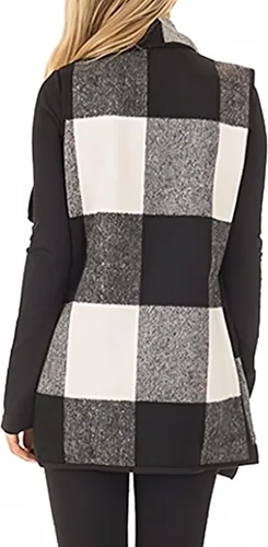 Vista 4 de Unidear Chaleco de Cuadros Buffalo para Mujer Casual con Solapa Frente Abierto sin Mangas Chaqueta Cardigan Abrigo con Bolsillos