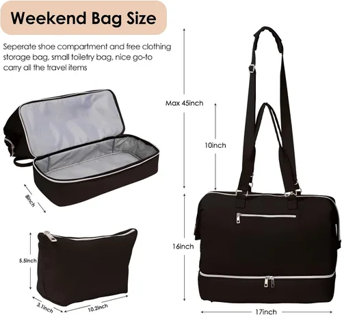 Vista 3 de Bolsa de fin de semana con compartimento para zapatos, bolsa de viaje para pasar la noche, Negro -, Estilo conciso