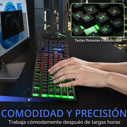 Vista 8 de CHONCHOW Combo de teclado y mouse inalámbricos USB para juegos, teclado ergonómico con retroiluminación LED, batería recargable de 2500 mAh