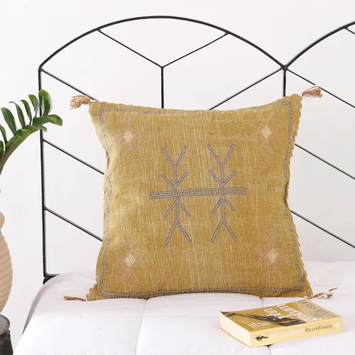 Vista 4 de Funda de almohada lumbar extra larga (12 x 28 pulgadas) Funda de almohada marrón seda de cactus tejida a mano Funda de cojín bohemia