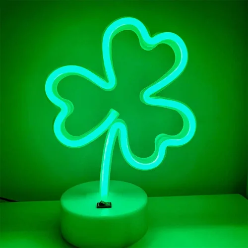 Vista 2 de ENUOLI Letreros de neón LED con forma de trébol, luces decorativas verdes, funciona con USB/batería, luces de decoración con base, letrero de neón