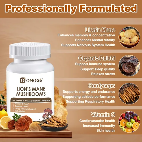 Vista 3 de OMOGS Cápsulas de suplemento de complejo de hongos extracto 10:1, suplemento de melena de león con Cordyceps, Reishi, para la salud del cerebro