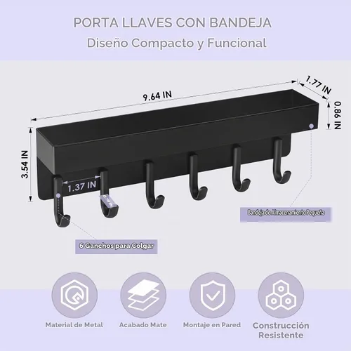 Vista 5 de VIS'V Soporte para llaves de pared, soporte adhesivo compacto para llaves con bandeja, 6 ganchos, 2 opciones de montaje, negro