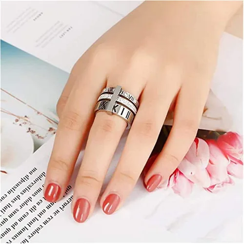 Vista 6 de Anillo de acero inoxidable con circonita cúbica y número romano para mujer, 3 en 1, anillos de boda Trinity