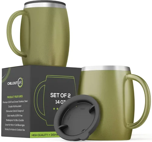 Vista 8 de Juego de 2 tazas de café aisladas de acero inoxidable (14 onzas) de doble pared con tapa y asa resistentes a derrames, tazas inastillables