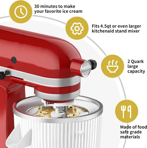 Vista 2 de Accesorio para máquina de helados para Kitchenaid, Compatible con mezcladores de pie KitchenAid de 4.5-5QT/5.5-6 Quart, Accesorios y complementos