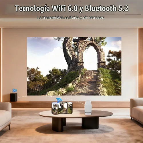Vista 4 de Mini proyector con WiFi y Bluetooth, proyector inteligente compatible con 1080P con aplicaciones integradas, proyector de películas para exteriores