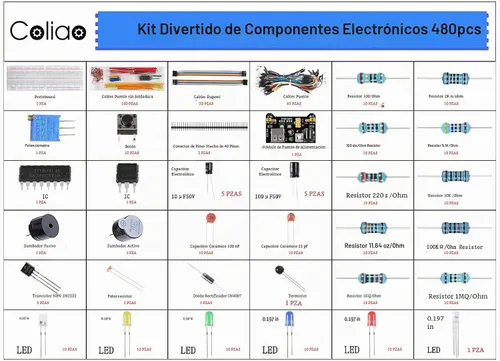 Vista 3 de Kit de 480 piezas de componentes electrónicos de 37 valores con módulo de fuente de alimentación, cable de puente, tabla de pan de 830 puntos