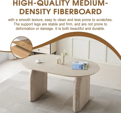 Vista 7 de Mesa de comedor ovalada extensible, mesa de cocina moderna de madera con parte superior de MDF y patas de pedestal dobles, mesa de 59.06 a 90.55