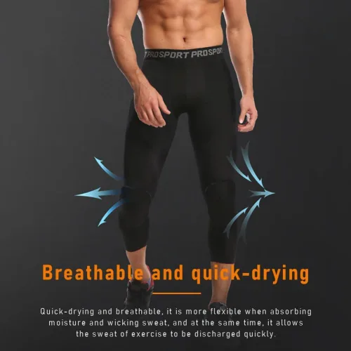 Vista 8 de Paquete de 2 pantalones de baloncesto para hombre con rodilleras 3/4 capri acolchadas, mallas de compresión deportivas, capa base atlética