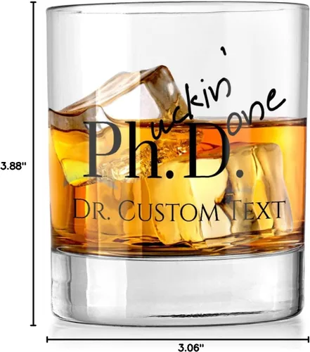 Vista 4 de Regalos personalizados de graduación de doctorado – Phuckin Done – Cristalería personalizada – Vaso de whisky divertido – Regalo perfecto