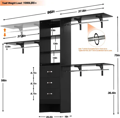 Vista 8 de iSunirm Sistema de armario de 8 pies, sistema organizador de armario de 96'' con 3 varillas para colgar, armario de dormitorio de montaje en pared