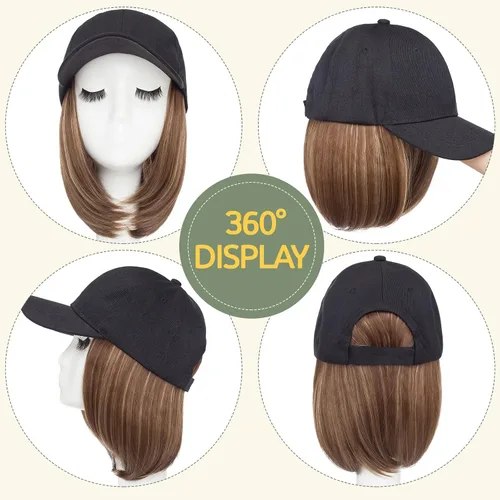 Vista 4 de S-noilite Peluca de gorra de béisbol de 6 pulgadas con peinado Bob y extensiones de cabello, gorra de béisbol recta ajustable para mujer
