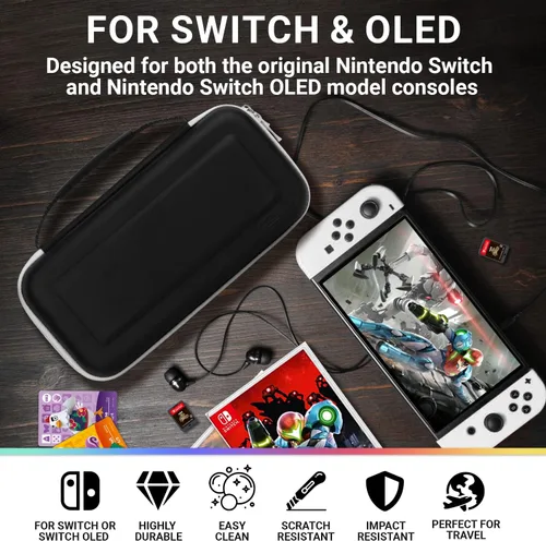 Vista 3 de Orzly Funda de viaje para Nintendo Switch modelo OLED y consola de interruptor estándar con compartimento de almacenamiento de accesorios