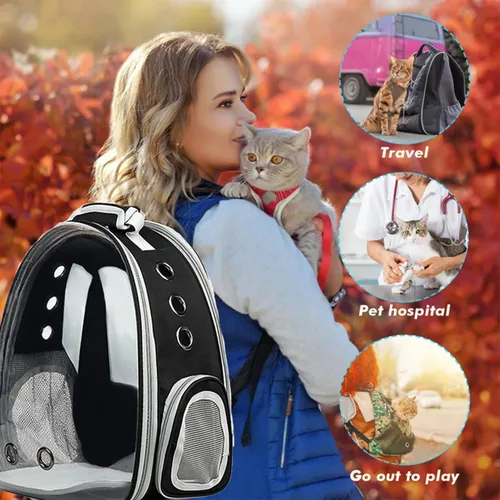 Vista 5 de Mochila transportadora para gatos, transportador de mascotas con diseño ventilado para transportar cachorros y gatos, mochila transportadora de Negro