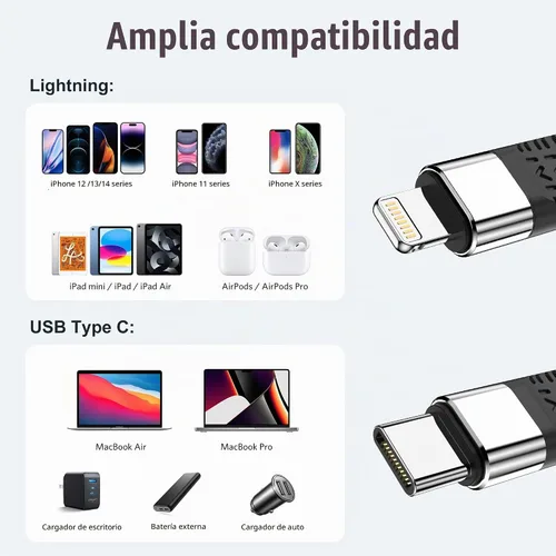 Vista 4 de Rixmie Cable corto USB C a Lightning, [certificado MFi-5.3 in] Carga rápida de 30 W para 14 Pro/14/13/13 Pro/12 Pro Max/12/11/11 Pro/X/XS, AirPods