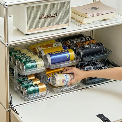 Vista 7 de Paquete de 2 dispensadores de latas de soda para refrigerador, organizador de latas de soda de ancho ajustable, organizador apilable de bebidas