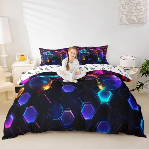 Vista 27 de Juego de funda de edredón con diseño de videojuegos para niños, tamaño individual, negro y azul a cuadros, juego de ropa de cama moderna