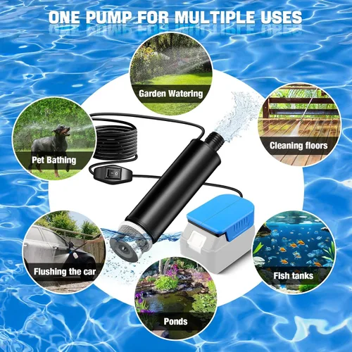 Vista 7 de Bomba de agua sumergible inalámbrica para batería Makita de 18 V, bomba de agua de transferencia portátil de 635 GPH para camping, tina, jardín, RV