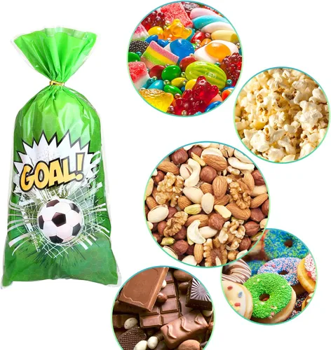 Vista 3 de Kesote Bolsas de celofán de fútbol, 100 piezas de bolsas de dulces de regalo de fútbol con lazos para fiesta de cumpleaños de fútbol