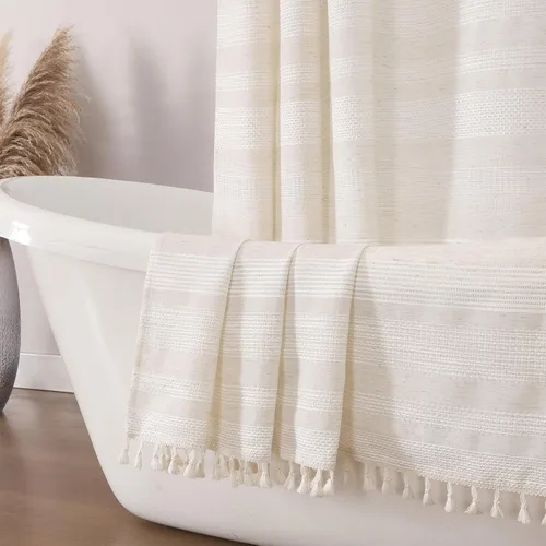 Vista 10 de OVZME Cortina de ducha bohemia negra, cortina de ducha estrecha de tela suave a rayas de lino texturizado con borla, moderna decoración de baño