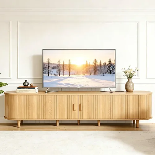 Vista 17 de Soporte de TV moderno de mediados de siglo de 58 pulgadas, consolas de TV de madera con puertas correderas y toma de corriente, centro
