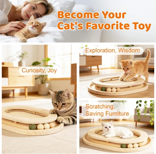 Vista 3 de Rascador para gatos, almohadilla rascador de sisal natural y juguete interactivo para gatitos con pista de bolas y bola de hierba gatera