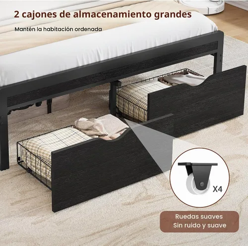 Vista 6 de FAVOOSTY Base de cama de tamaño matrimonial con cabecera de 2 niveles, plataforma de metal con 2 cajones de almacenamiento, luces LED y estación