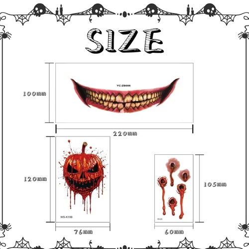 Vista 8 de Maquillaje de broma de Halloween, tatuaje temporal, 26 piezas de tatuajes temporales de Halloween para adultos, tatuajes de boca de Halloween