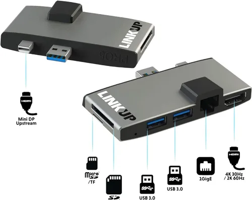 Vista 5 de LINKUP - Hub adaptador de lector de memoria micro para tarjetas SD compatible con Surface Pro 7 Estación de acoplamiento 6 en 1 4K HDMI, Gigabit