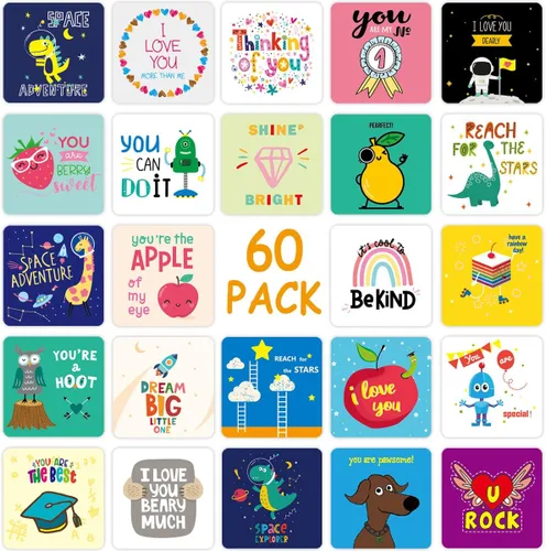 Vista 2 de Fantasyon Notas para la lonchera para niños, 60 unidades, lindas tarjetas de almuerzo inspiradoras, notas motivacionales para el almuerzo, regalos
