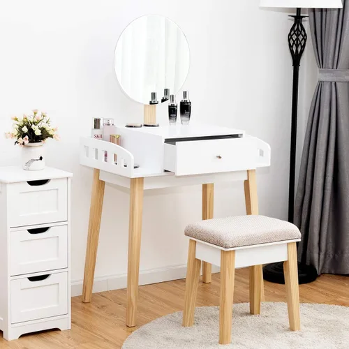 Vista 3 de GIANTEX - Juego de mesa de tocador con espejo redondo de altura ajustable, tocador con espejo de maquillaje con taburete acolchado, almacenamiento