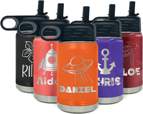 Vista 32 de Botella de agua para niños personalizada con nombre en botella de agua aislada con anillo verde mate de 12 onzas