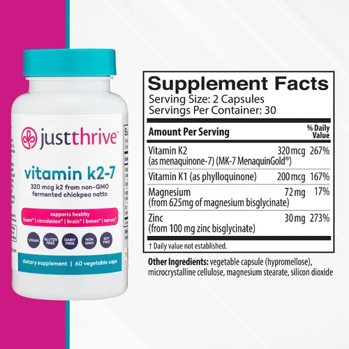 Vista 2 de Just Thrive Vitamina K2-7 - Suplemento de vitamina K2 para huesos, cerebro y corazón, 60 cápsulas