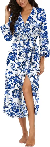 Vista 39 de VINTATRE Bata tipo kimono para mujer, bata larga de punto, ligera, suave, ropa de dormir con cuello en V, casual, ropa de descanso para mujer Verde