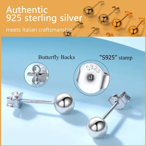 Vista 2 de PROSILVER 925 Sterling Silver Ball Stud Earrings, Hypoallergenic for Sensitive Ears, Womens Flat Back Studs, 3mm4mm5mm7mm, Come with Box