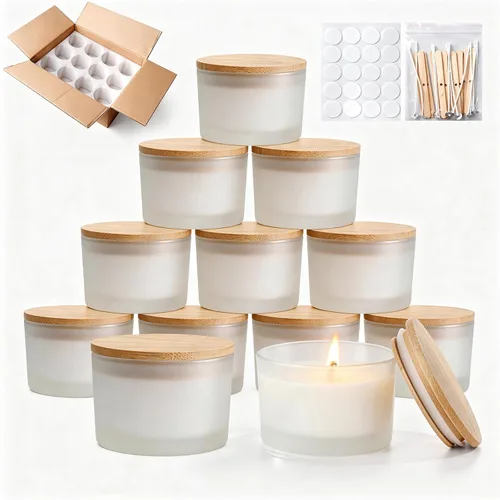 Vista 12 de Tarros de vela de vidrio de 4 onzas, paquete de 12 tarros pequeños para hacer velas, tarros vacíos de vidrio grueso de boca ancha con tapas de bambú