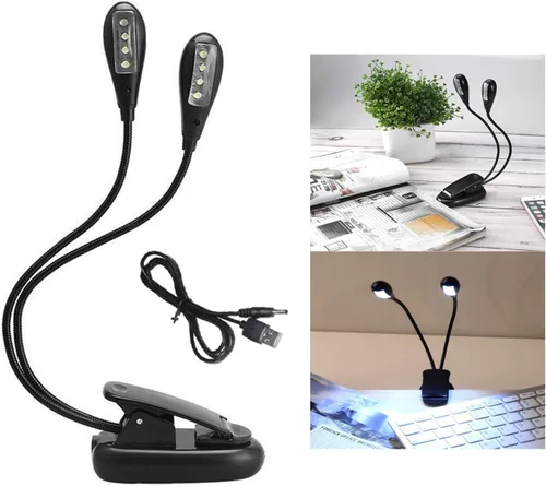 Vista 2 de 8 luces LED de soporte de música, 3 modos, luz de libro USB, luz blanca de doble cabezal, clip con batería, lámpara de lectura para proteger