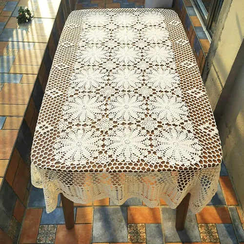 Vista 4 de USTIDE Mantel rectangular de ganchillo hecho a mano, diseño de encaje beige, rectangular, 51 x 70 pulgadas