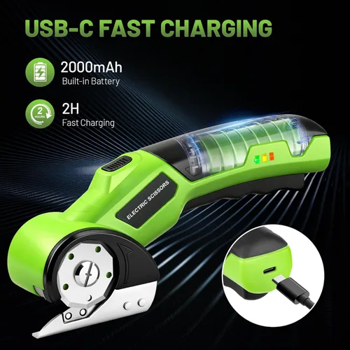 Vista 5 de Tijeras eléctricas inalámbricas, cortador de cartón giratorio recargable de 4 V con 2 cuchillas de bloqueo de seguridad y luz LED, cable USB