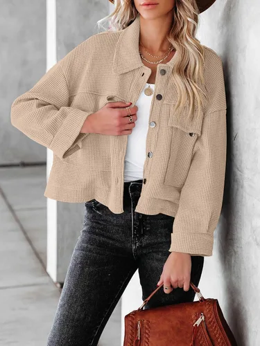 Vista 3 de BZB Chaquetas de punto gofre para mujer, ligera, recortada, de manga larga, con botones
