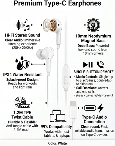 Vista 2 de Pearl - Paquete de 50 auriculares USB C con cable a granel para iPhone 17/16/15 Pro Max Plus, Galaxy Series, Chromebook, MacBook, auriculares tipo C