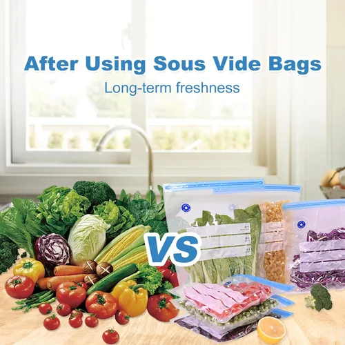 Vista 7 de Sous Vide - Bolsas de sellado al vacío reutilizables de 8 x 9 pulgadas para alimentos, bolsa selladora con cremallera al vacío con bomba de mano
