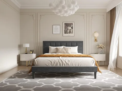 Vista 2 de Nazhura Marco de cama tapizado de tamaño matrimonial con plataforma moderna de perfil bajo con cabecera capitoné, no necesita somier, tapicería