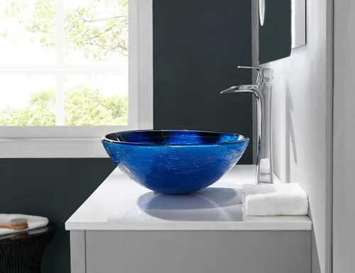 Vista 2 de Blue OceanMystery Series - Fregadero de baño de vidrio templado decorativo en azul estrellado Fregaderos de montaje superior sobre encimera