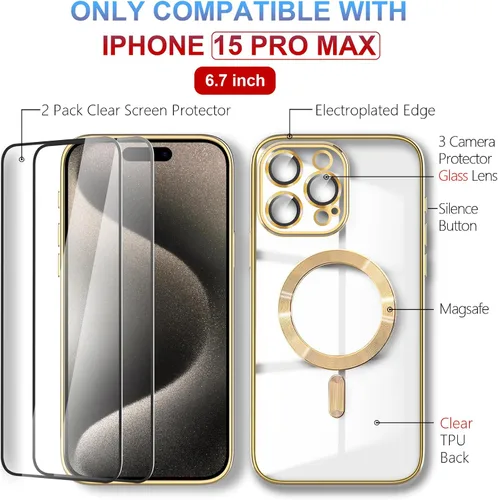 Vista 3 de Magsafe - Funda para iPhone 15 Pro Max, funda magnética transparente para teléfono con protector de pantalla y cubierta de cámara, funda galvanizada