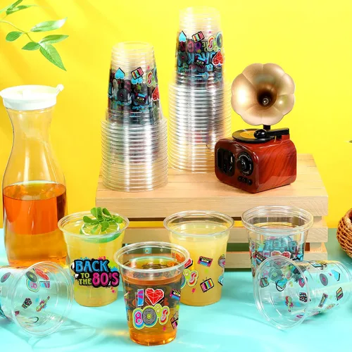 Vista 4 de FoldTier 50 Piezas Vasos de los Años 80 de 12 oz de Plástico Transparente Vasos para Cumpleaños Desechables con Temática Musical Vasos para Beber