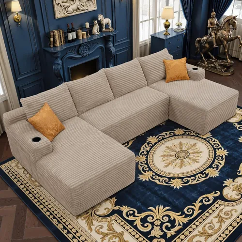 Vista 29 de Sofá seccional negro de 96.9 pulgadas, sofá modular de pana sin hueso con resortes y espuma de alta resistencia, asiento profundo compacto de gran
